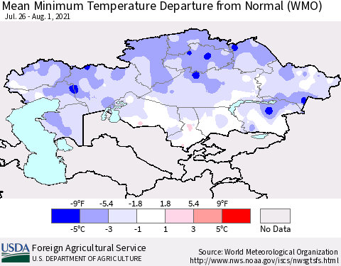 Kazakhstan Mean Minimum Temperature Departure from Normal (WMO) Thematic Map For 7/26/2021 - 8/1/2021