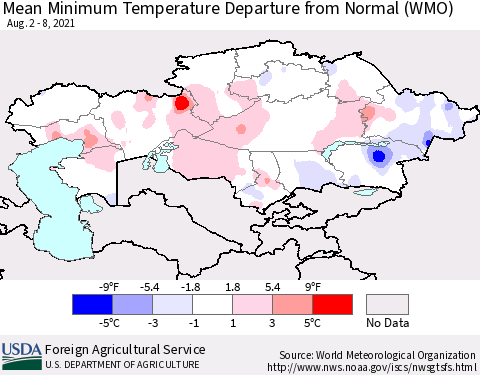 Kazakhstan Mean Minimum Temperature Departure from Normal (WMO) Thematic Map For 8/2/2021 - 8/8/2021
