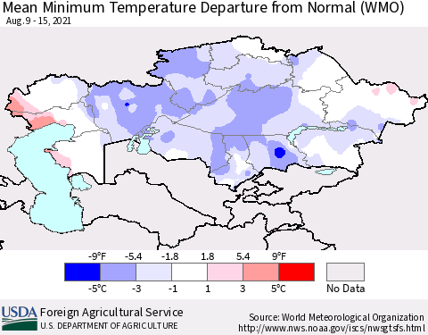 Kazakhstan Mean Minimum Temperature Departure from Normal (WMO) Thematic Map For 8/9/2021 - 8/15/2021