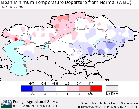 Kazakhstan Mean Minimum Temperature Departure from Normal (WMO) Thematic Map For 8/16/2021 - 8/22/2021