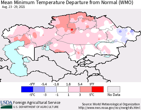 Kazakhstan Mean Minimum Temperature Departure from Normal (WMO) Thematic Map For 8/23/2021 - 8/29/2021