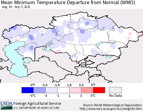 Kazakhstan Mean Minimum Temperature Departure from Normal (WMO) Thematic Map For 8/30/2021 - 9/5/2021