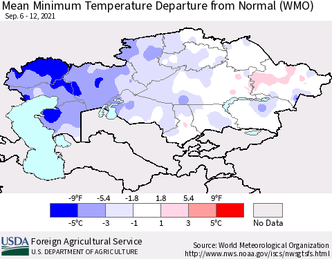 Kazakhstan Mean Minimum Temperature Departure from Normal (WMO) Thematic Map For 9/6/2021 - 9/12/2021