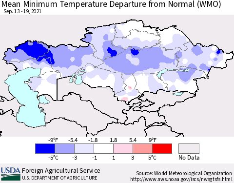 Kazakhstan Mean Minimum Temperature Departure from Normal (WMO) Thematic Map For 9/13/2021 - 9/19/2021