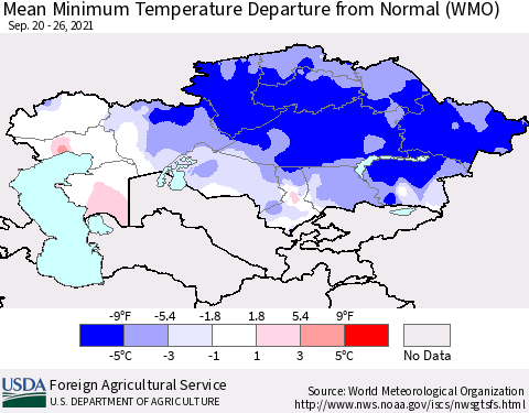 Kazakhstan Mean Minimum Temperature Departure from Normal (WMO) Thematic Map For 9/20/2021 - 9/26/2021