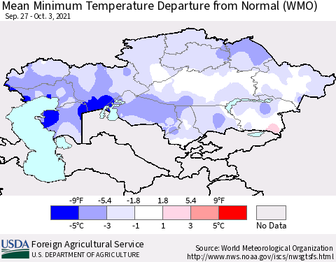 Kazakhstan Mean Minimum Temperature Departure from Normal (WMO) Thematic Map For 9/27/2021 - 10/3/2021
