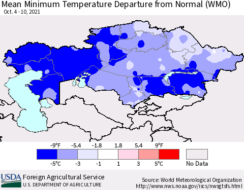 Kazakhstan Mean Minimum Temperature Departure from Normal (WMO) Thematic Map For 10/4/2021 - 10/10/2021