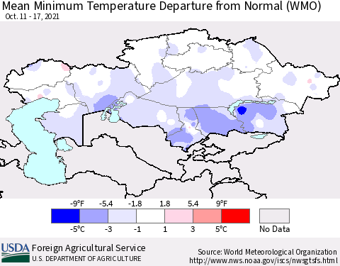 Kazakhstan Mean Minimum Temperature Departure from Normal (WMO) Thematic Map For 10/11/2021 - 10/17/2021