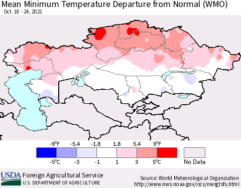 Kazakhstan Mean Minimum Temperature Departure from Normal (WMO) Thematic Map For 10/18/2021 - 10/24/2021
