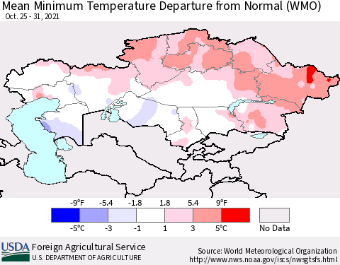 Kazakhstan Mean Minimum Temperature Departure from Normal (WMO) Thematic Map For 10/25/2021 - 10/31/2021
