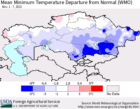 Kazakhstan Mean Minimum Temperature Departure from Normal (WMO) Thematic Map For 11/1/2021 - 11/7/2021