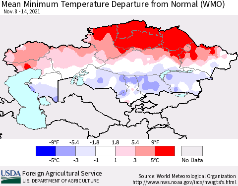 Kazakhstan Mean Minimum Temperature Departure from Normal (WMO) Thematic Map For 11/8/2021 - 11/14/2021