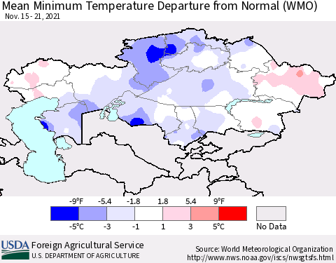 Kazakhstan Mean Minimum Temperature Departure from Normal (WMO) Thematic Map For 11/15/2021 - 11/21/2021