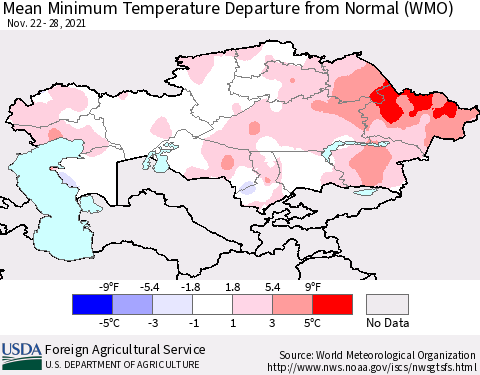 Kazakhstan Mean Minimum Temperature Departure from Normal (WMO) Thematic Map For 11/22/2021 - 11/28/2021