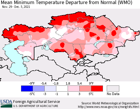 Kazakhstan Mean Minimum Temperature Departure from Normal (WMO) Thematic Map For 11/29/2021 - 12/5/2021