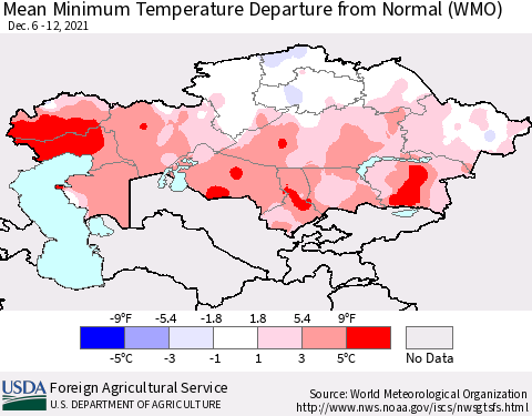 Kazakhstan Mean Minimum Temperature Departure from Normal (WMO) Thematic Map For 12/6/2021 - 12/12/2021