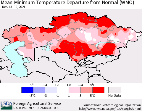 Kazakhstan Mean Minimum Temperature Departure from Normal (WMO) Thematic Map For 12/13/2021 - 12/19/2021