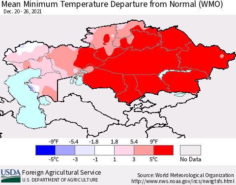Kazakhstan Mean Minimum Temperature Departure from Normal (WMO) Thematic Map For 12/20/2021 - 12/26/2021
