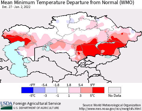 Kazakhstan Mean Minimum Temperature Departure from Normal (WMO) Thematic Map For 12/27/2021 - 1/2/2022