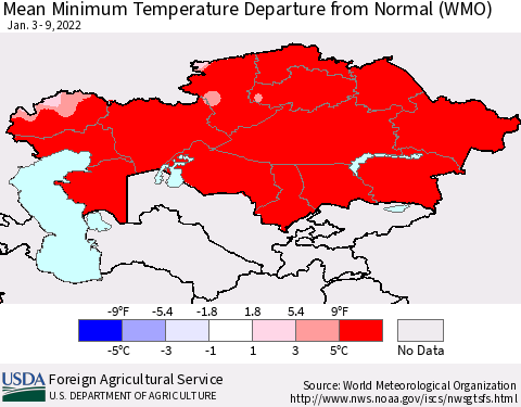 Kazakhstan Mean Minimum Temperature Departure from Normal (WMO) Thematic Map For 1/3/2022 - 1/9/2022
