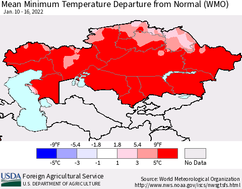 Kazakhstan Mean Minimum Temperature Departure from Normal (WMO) Thematic Map For 1/10/2022 - 1/16/2022