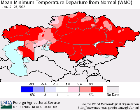 Kazakhstan Mean Minimum Temperature Departure from Normal (WMO) Thematic Map For 1/17/2022 - 1/23/2022