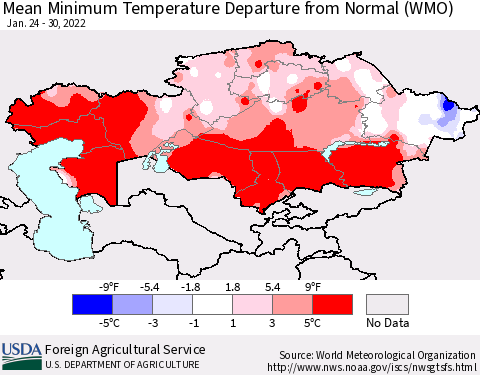 Kazakhstan Mean Minimum Temperature Departure from Normal (WMO) Thematic Map For 1/24/2022 - 1/30/2022