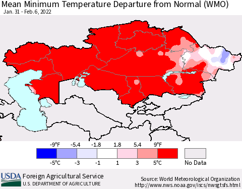 Kazakhstan Mean Minimum Temperature Departure from Normal (WMO) Thematic Map For 1/31/2022 - 2/6/2022