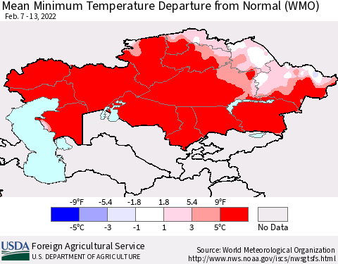 Kazakhstan Mean Minimum Temperature Departure from Normal (WMO) Thematic Map For 2/7/2022 - 2/13/2022