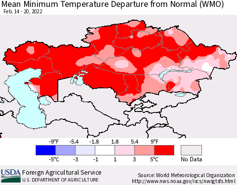 Kazakhstan Mean Minimum Temperature Departure from Normal (WMO) Thematic Map For 2/14/2022 - 2/20/2022