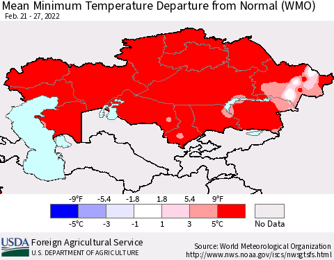 Kazakhstan Mean Minimum Temperature Departure from Normal (WMO) Thematic Map For 2/21/2022 - 2/27/2022