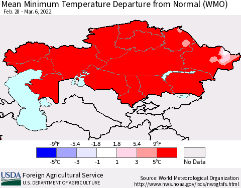 Kazakhstan Mean Minimum Temperature Departure from Normal (WMO) Thematic Map For 2/28/2022 - 3/6/2022