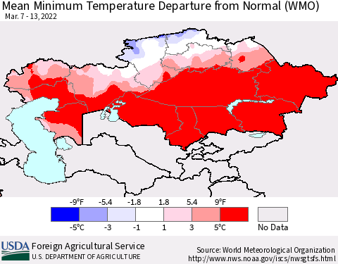 Kazakhstan Mean Minimum Temperature Departure from Normal (WMO) Thematic Map For 3/7/2022 - 3/13/2022
