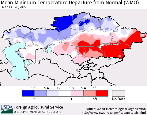 Kazakhstan Mean Minimum Temperature Departure from Normal (WMO) Thematic Map For 3/14/2022 - 3/20/2022