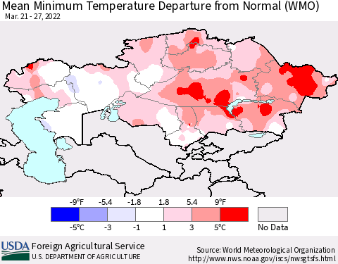 Kazakhstan Mean Minimum Temperature Departure from Normal (WMO) Thematic Map For 3/21/2022 - 3/27/2022
