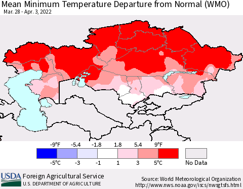 Kazakhstan Mean Minimum Temperature Departure from Normal (WMO) Thematic Map For 3/28/2022 - 4/3/2022