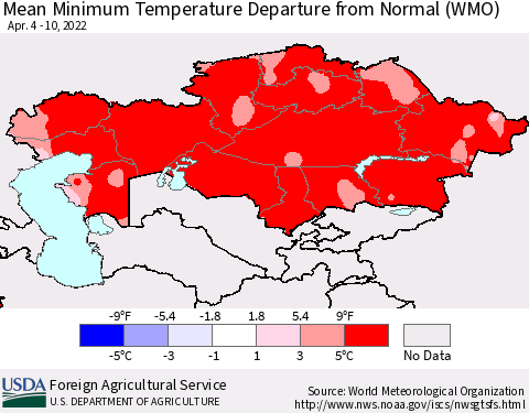 Kazakhstan Mean Minimum Temperature Departure from Normal (WMO) Thematic Map For 4/4/2022 - 4/10/2022