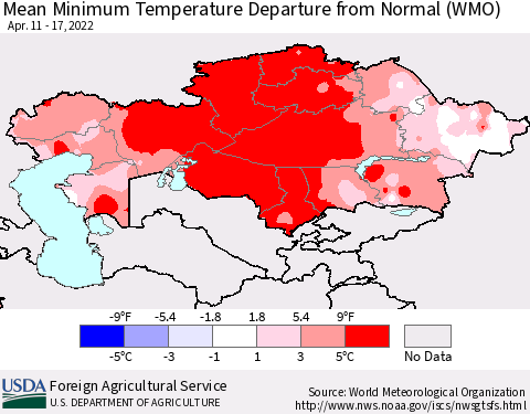 Kazakhstan Mean Minimum Temperature Departure from Normal (WMO) Thematic Map For 4/11/2022 - 4/17/2022