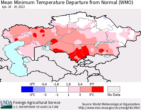 Kazakhstan Mean Minimum Temperature Departure from Normal (WMO) Thematic Map For 4/18/2022 - 4/24/2022