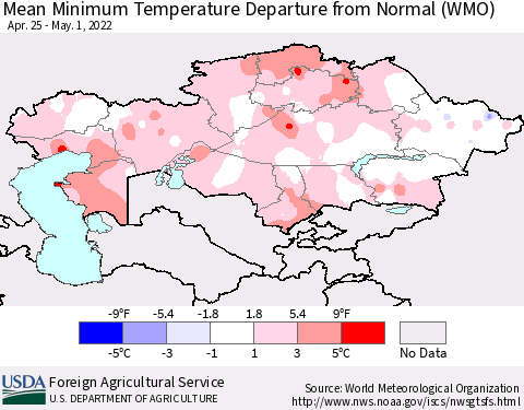 Kazakhstan Mean Minimum Temperature Departure from Normal (WMO) Thematic Map For 4/25/2022 - 5/1/2022