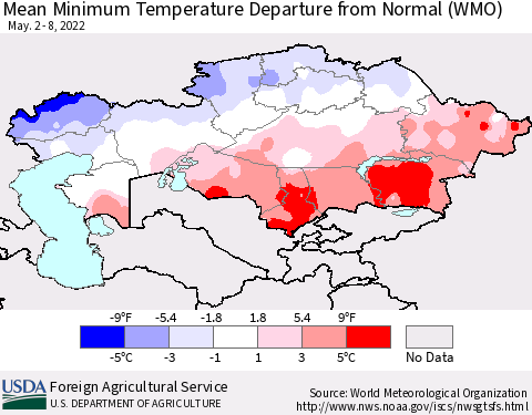 Kazakhstan Mean Minimum Temperature Departure from Normal (WMO) Thematic Map For 5/2/2022 - 5/8/2022