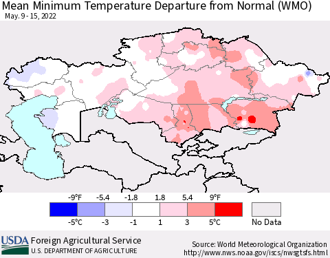 Kazakhstan Mean Minimum Temperature Departure from Normal (WMO) Thematic Map For 5/9/2022 - 5/15/2022