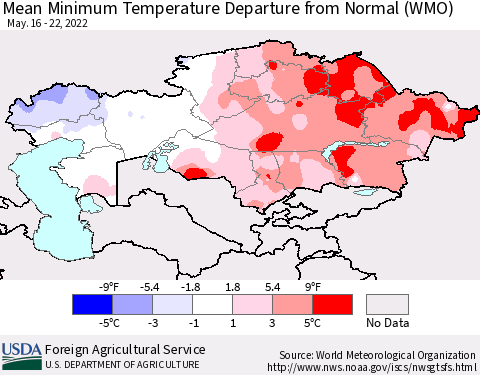 Kazakhstan Mean Minimum Temperature Departure from Normal (WMO) Thematic Map For 5/16/2022 - 5/22/2022