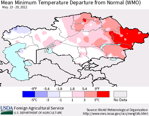 Kazakhstan Mean Minimum Temperature Departure from Normal (WMO) Thematic Map For 5/23/2022 - 5/29/2022