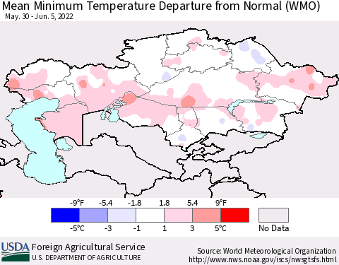 Kazakhstan Mean Minimum Temperature Departure from Normal (WMO) Thematic Map For 5/30/2022 - 6/5/2022
