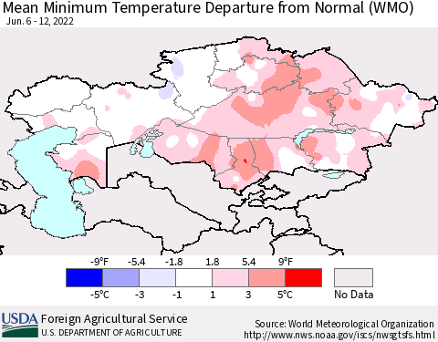 Kazakhstan Mean Minimum Temperature Departure from Normal (WMO) Thematic Map For 6/6/2022 - 6/12/2022