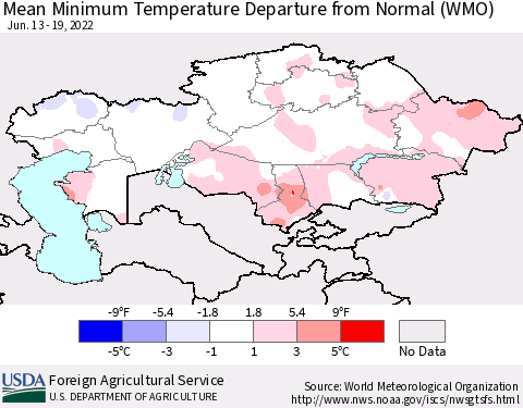 Kazakhstan Mean Minimum Temperature Departure from Normal (WMO) Thematic Map For 6/13/2022 - 6/19/2022