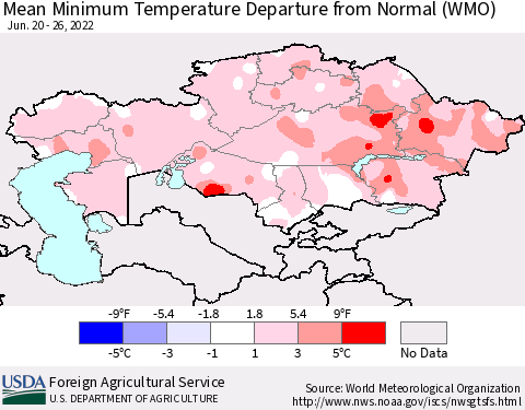 Kazakhstan Mean Minimum Temperature Departure from Normal (WMO) Thematic Map For 6/20/2022 - 6/26/2022