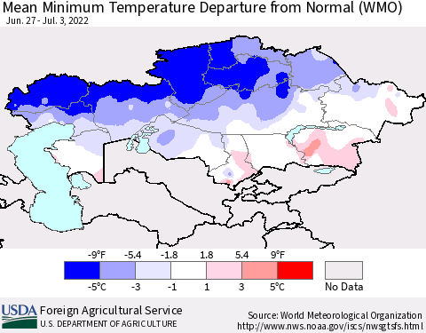 Kazakhstan Mean Minimum Temperature Departure from Normal (WMO) Thematic Map For 6/27/2022 - 7/3/2022