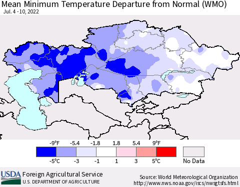 Kazakhstan Mean Minimum Temperature Departure from Normal (WMO) Thematic Map For 7/4/2022 - 7/10/2022